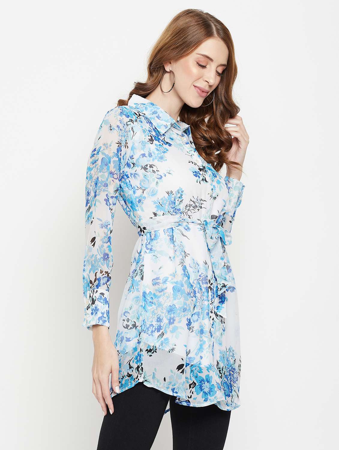 women printed collared long sleeve shirt tunic - 22077007 - Standard Image - 2