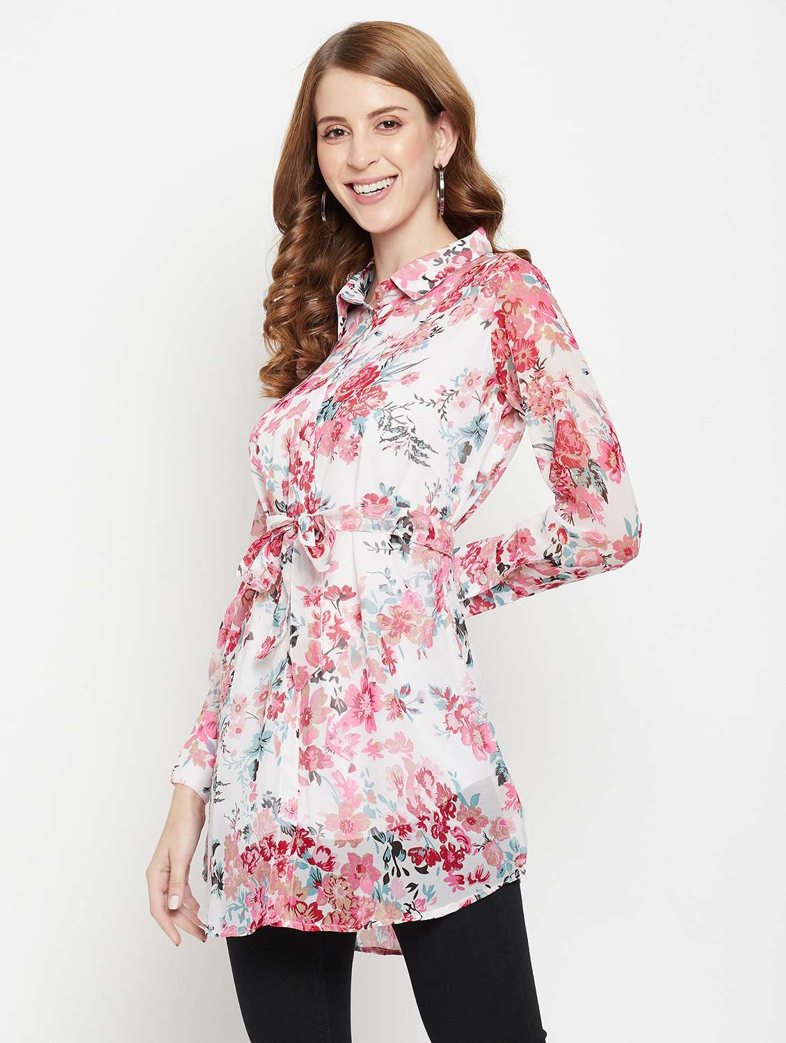 women printed collared long sleeve shirt tunic - 22077008 - Standard Image - 2