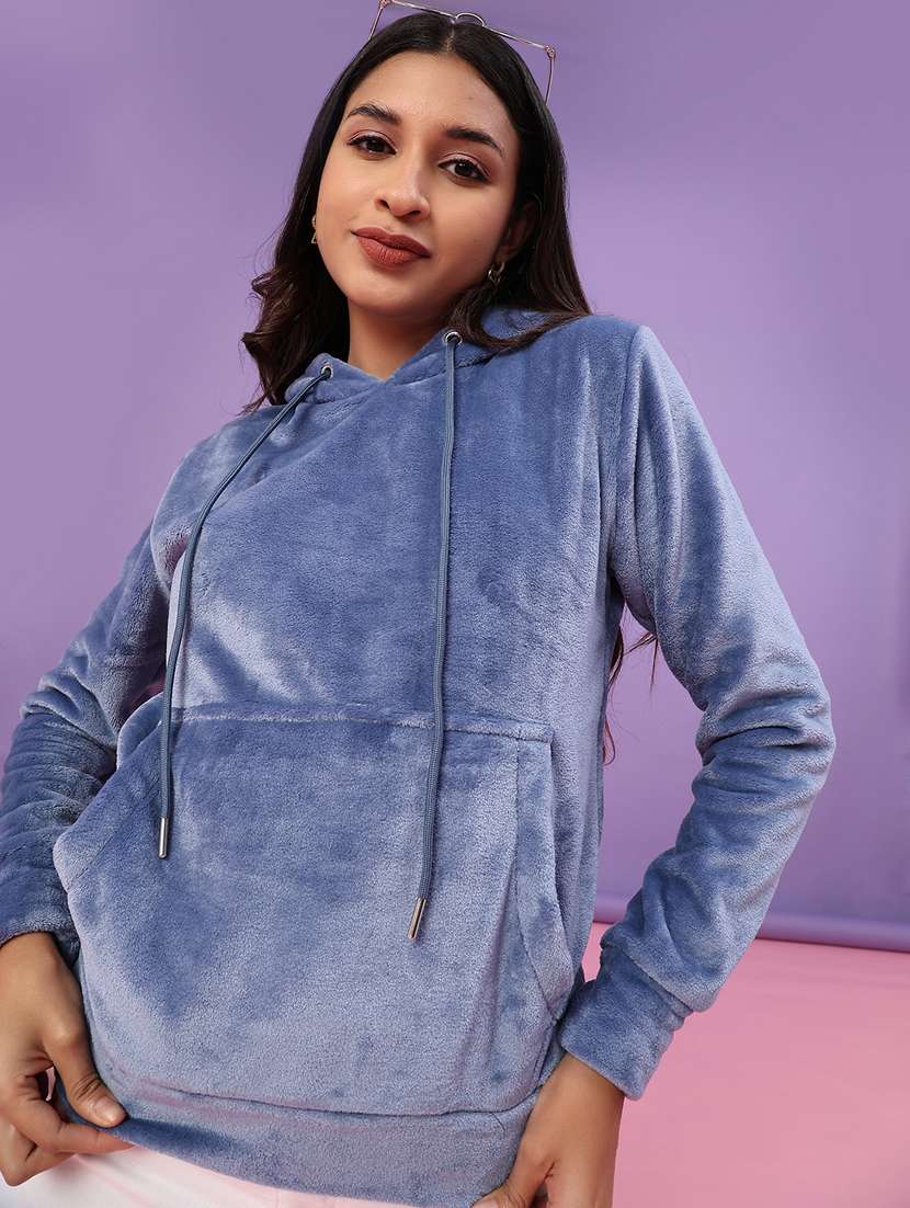 women solid long sleeve hooded sweatshirt - 22077314 -  Standard Image - 2