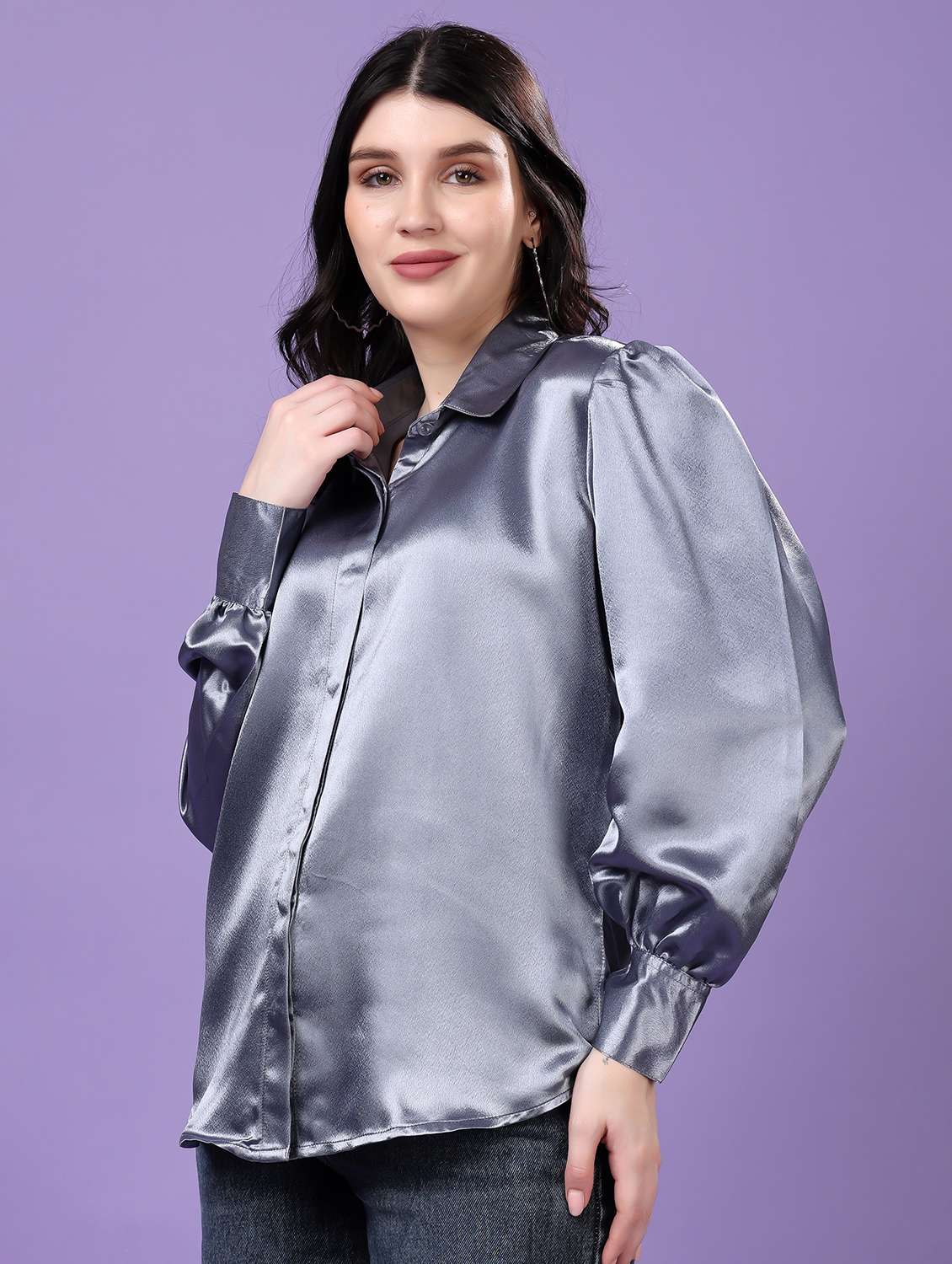 grey satin regular shirt - 22077605 - Standard Image - 2