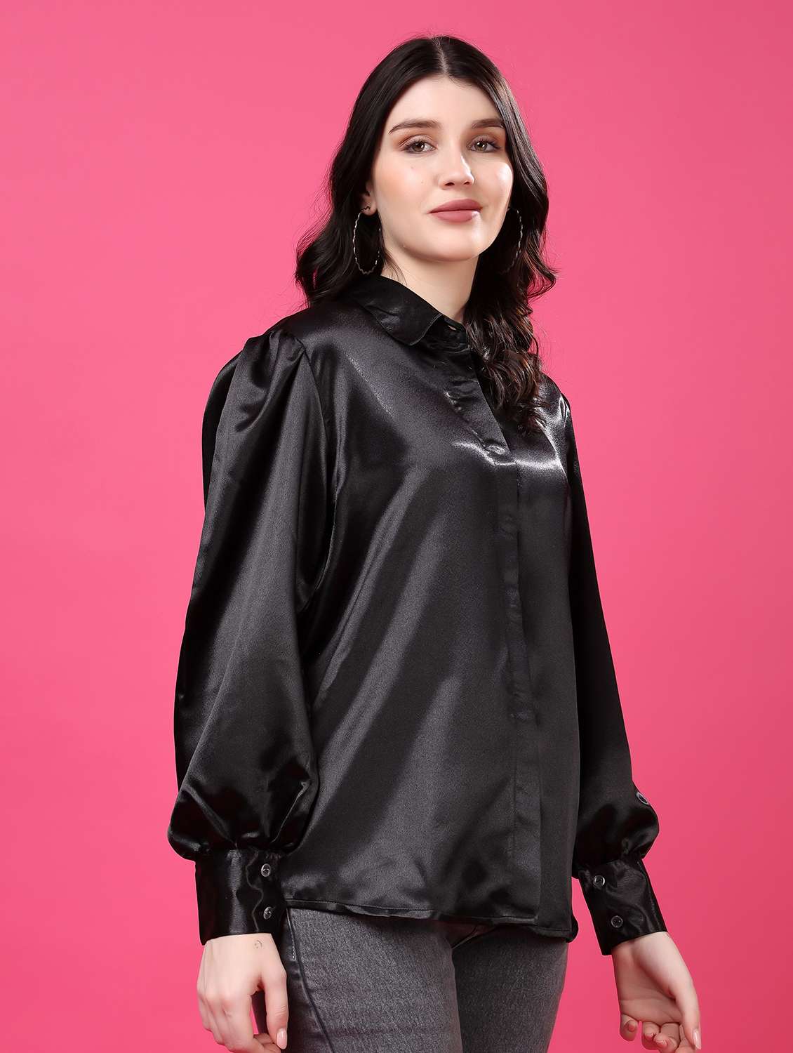 black satin regular shirt - 22077606 - Standard Image - 2