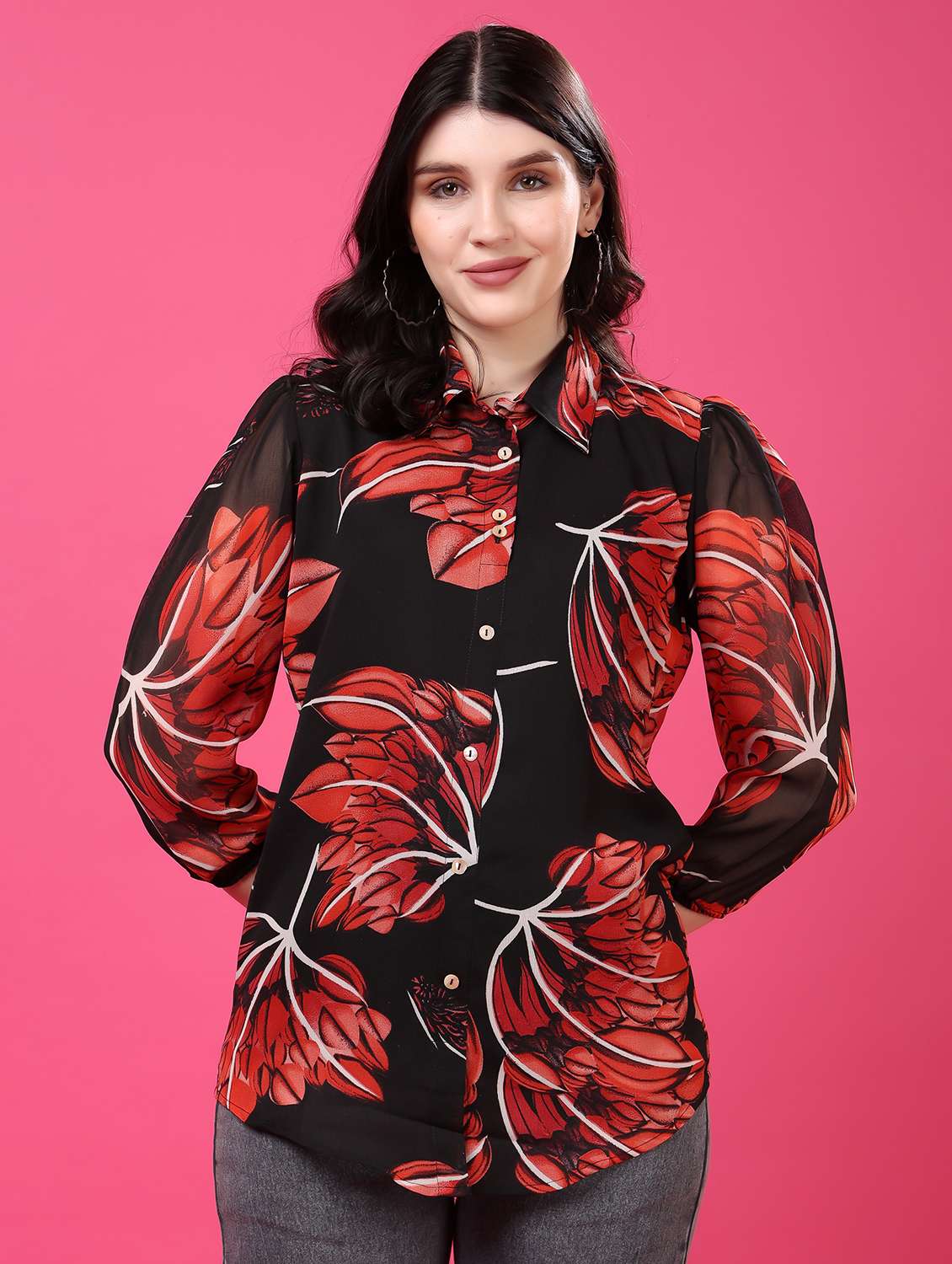 floral georgette shirt with puff sleeves multi - 22077614 -  Zoom Image - 0