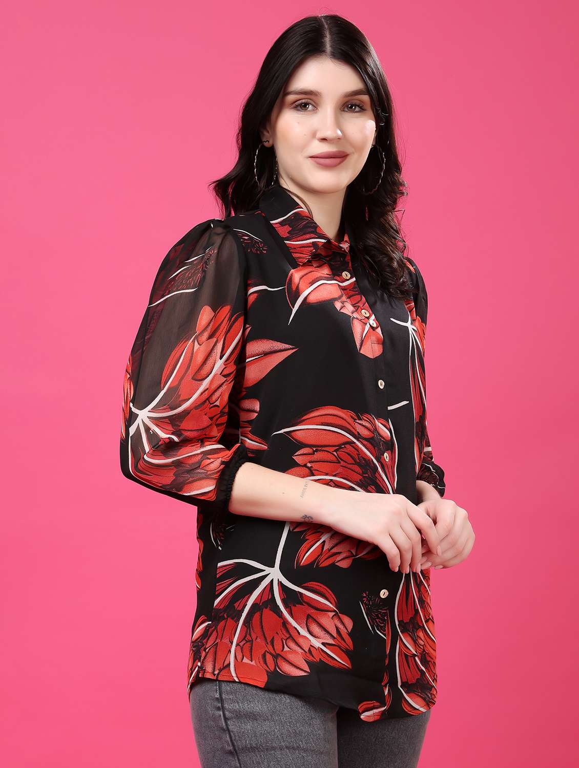floral georgette shirt with puff sleeves multi - 22077614 - Standard Image - 2