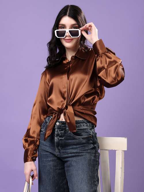 women solid collared puff sleeve shirt - 22077616 - Standard Image - 0
