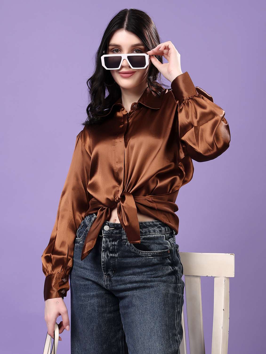 women solid collared puff sleeve shirt - 22077616 - Zoom Image - 0