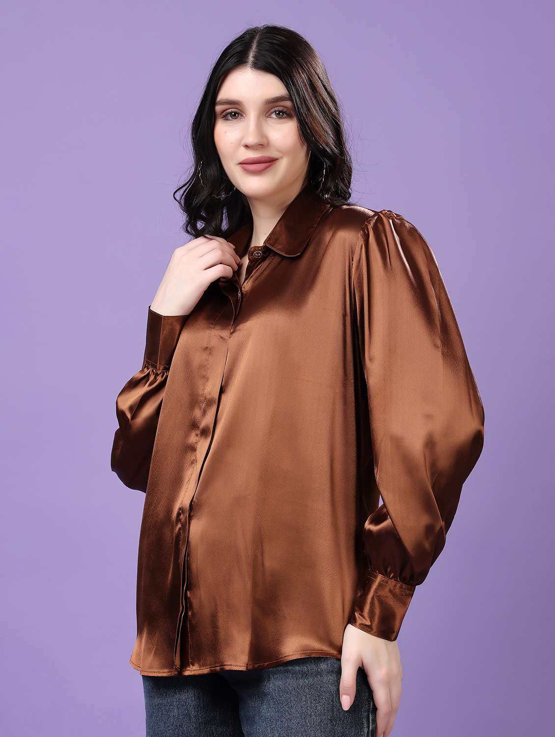 women solid collared puff sleeve shirt - 22077616 - Standard Image - 2