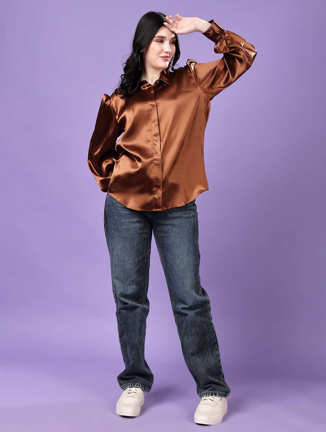 women solid collared puff sleeve shirt - 22077616 - Standard Image - 7