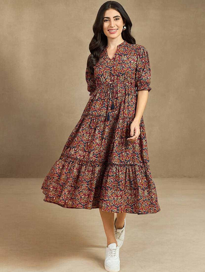 women printed puff sleeve tiered dress