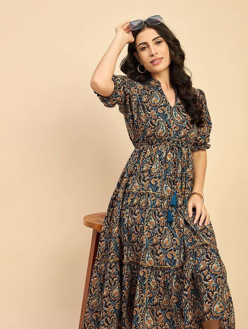 women printed puff sleeve tiered dress - 22077632 - Standard Image - 2