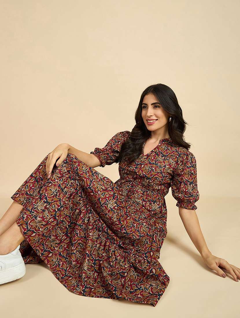 women printed puff sleeve tiered dress - 22077637 - Standard Image - 2