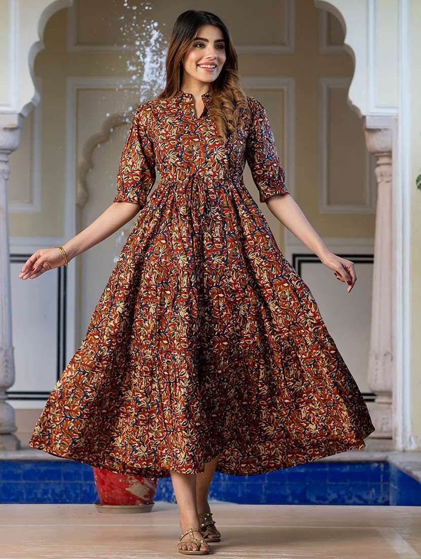 women printed puff sleeve tiered dress
