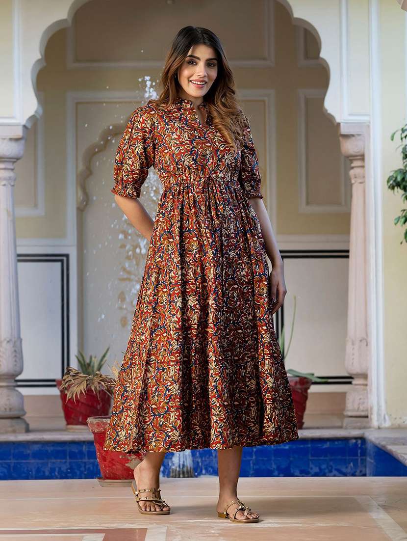 women printed puff sleeve tiered dress - 22077642 - Standard Image - 2