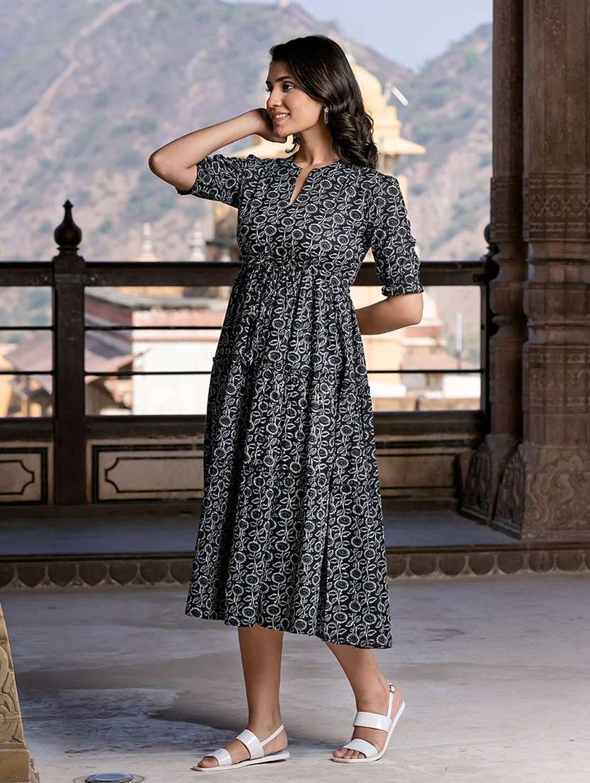 women printed puff sleeve tiered dress - 22077643 - Standard Image - 2