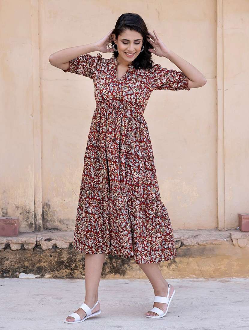 women printed puff sleeve tiered dress - 22077645 - Standard Image - 2