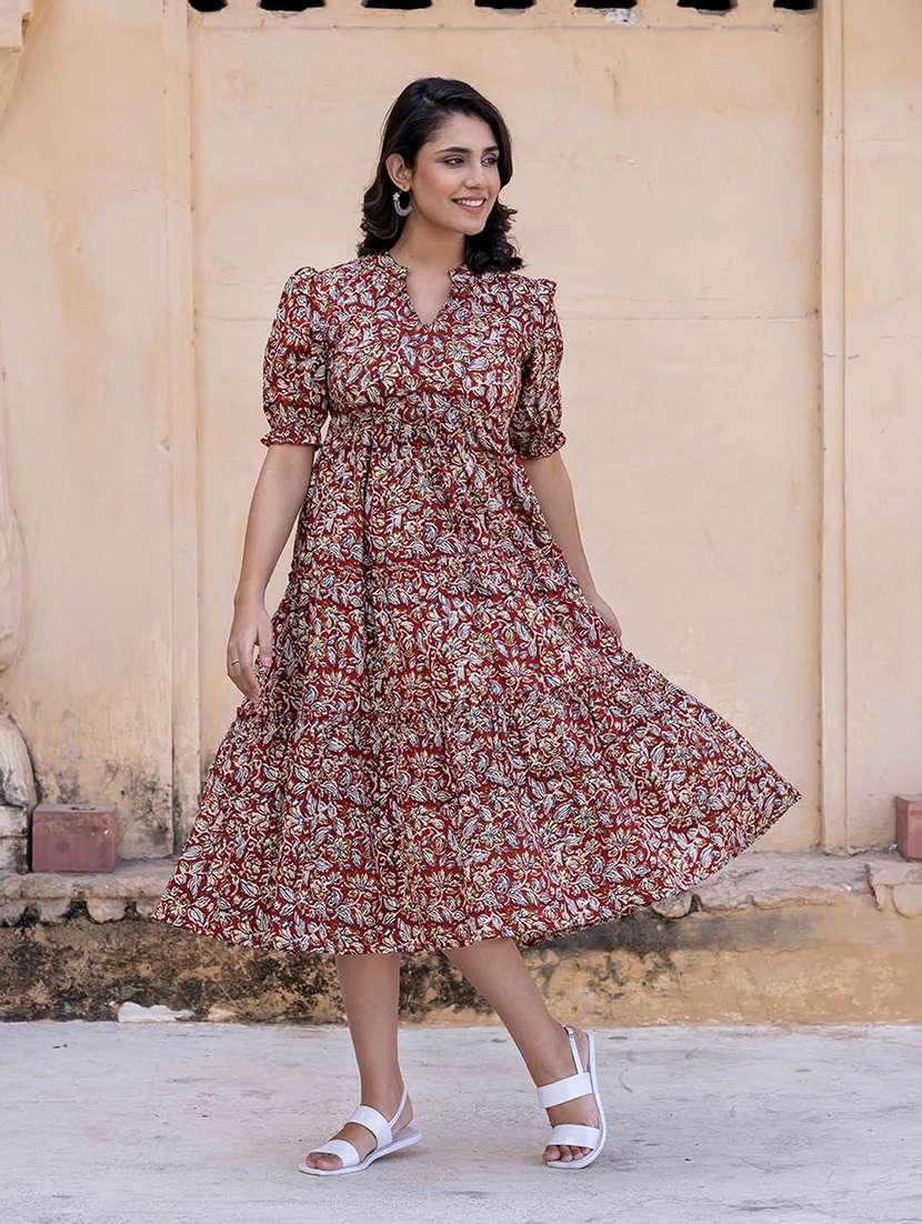 women printed puff sleeve tiered dress - 22077648 - Standard Image - 2