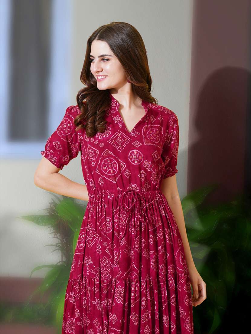 women printed puff sleeve tiered dress - 22077652 - Standard Image - 2