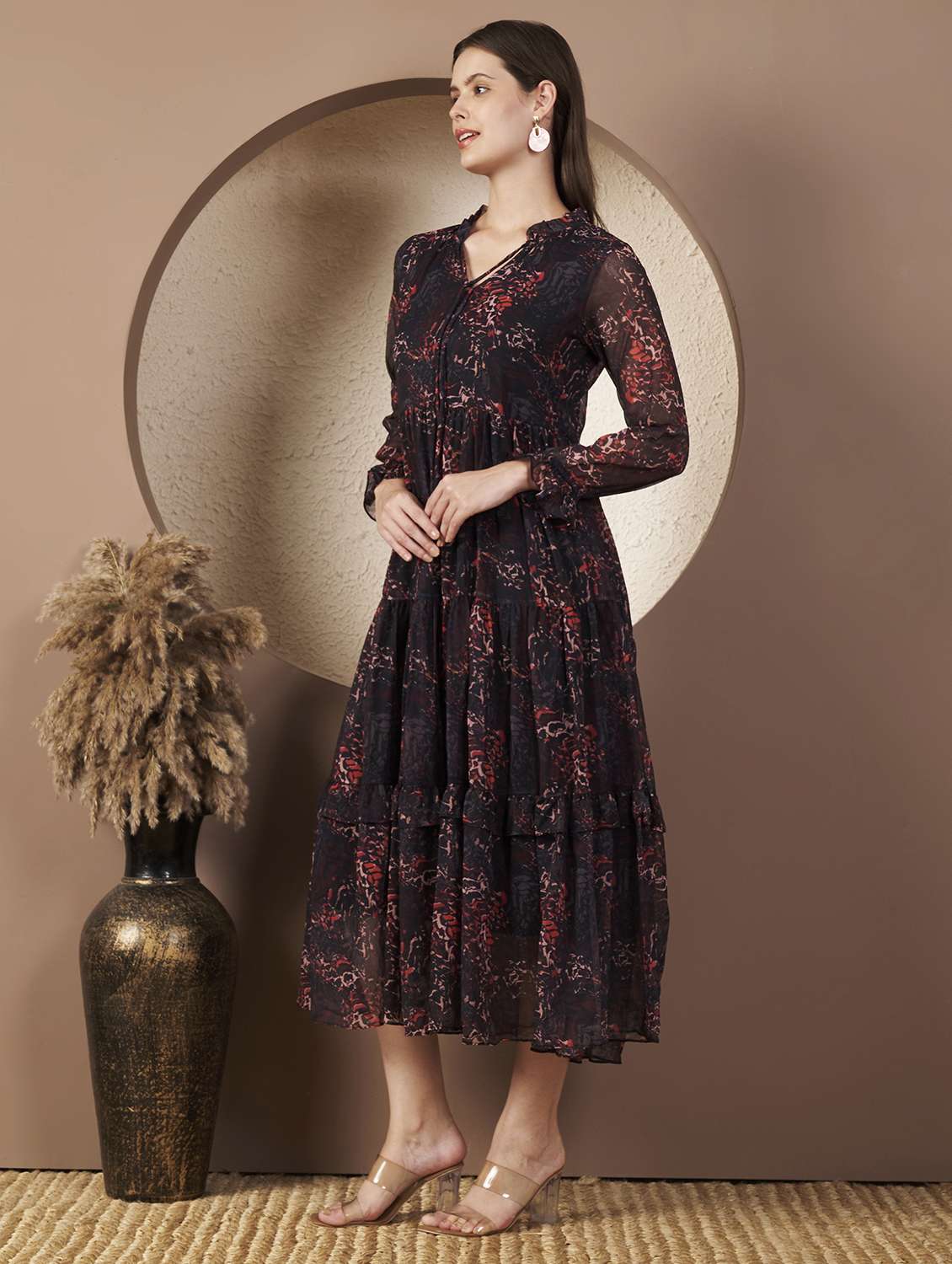 women printed three quarter sleeve tiered dress - 22077812 - Standard Image - 2