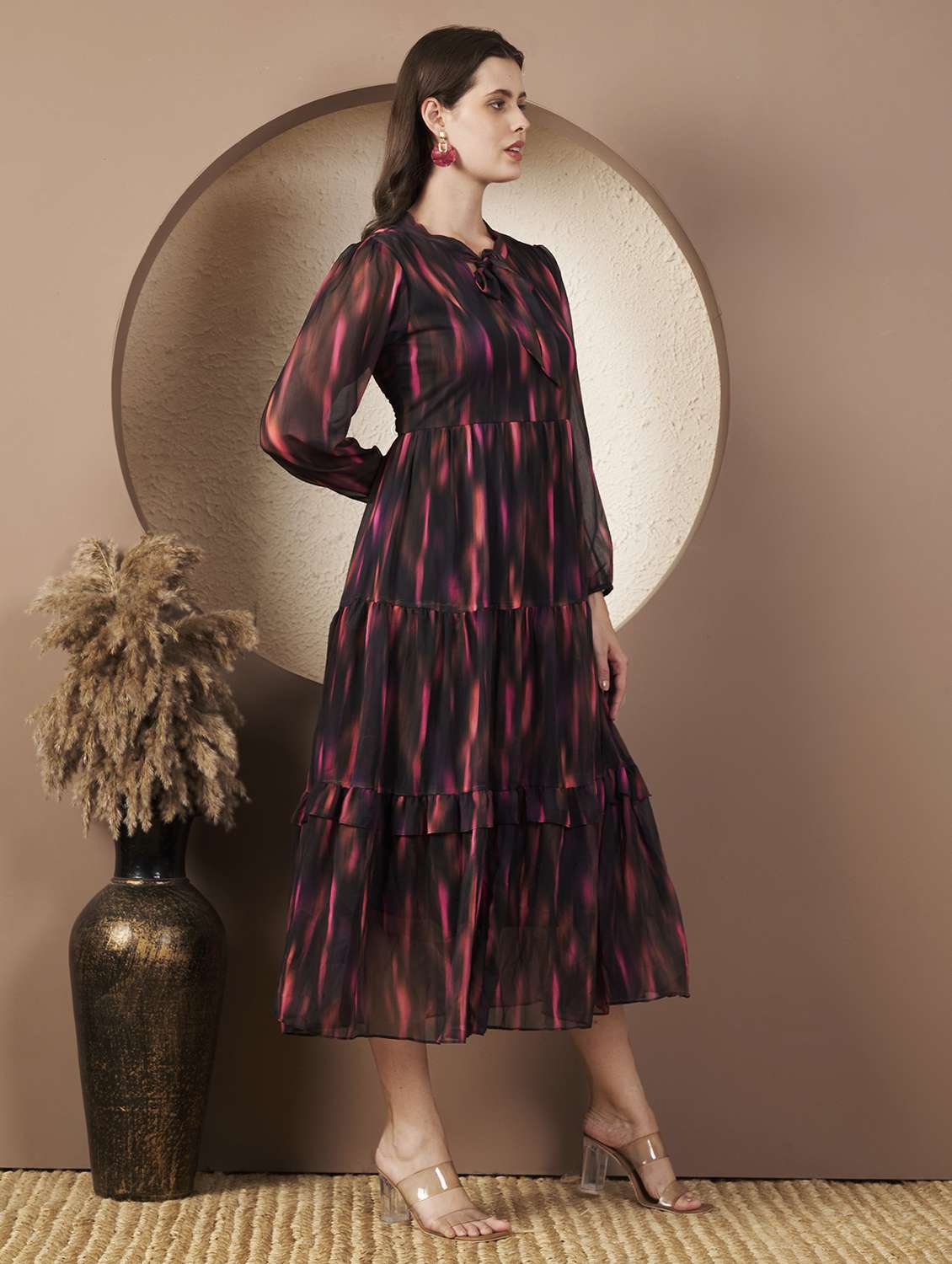 women printed three quarter sleeve tiered dress - 22077813 - Standard Image - 2