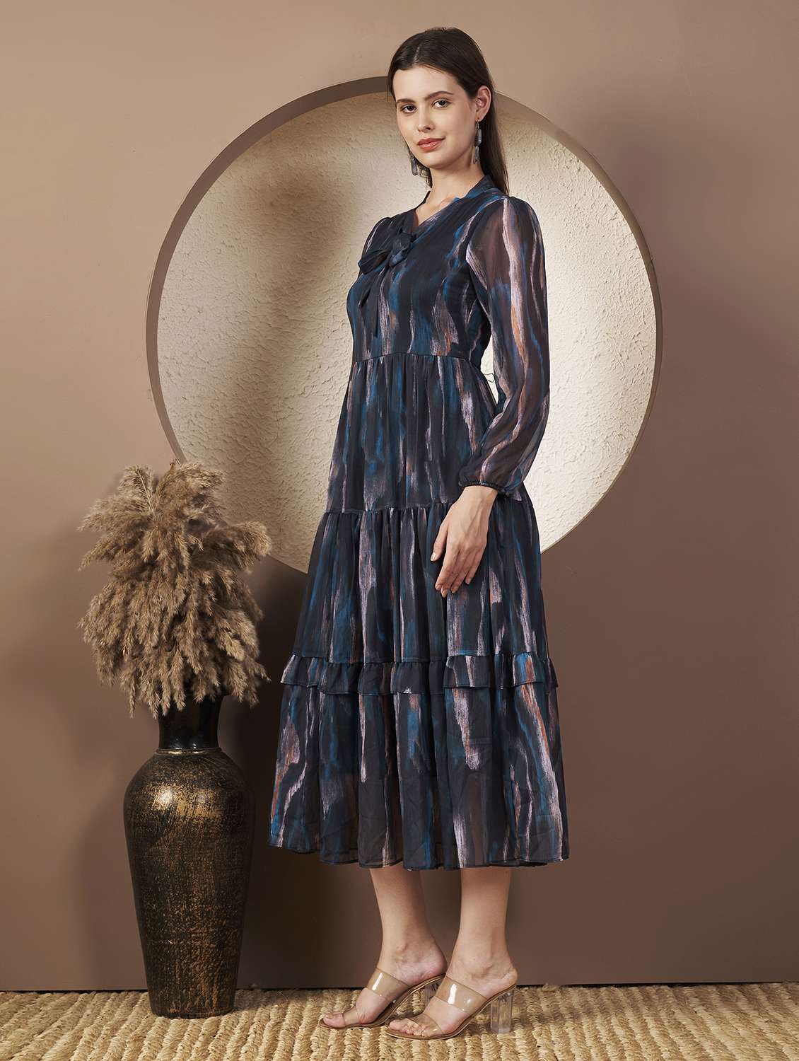 women printed three quarter sleeve tiered dress - 22077814 - Standard Image - 2