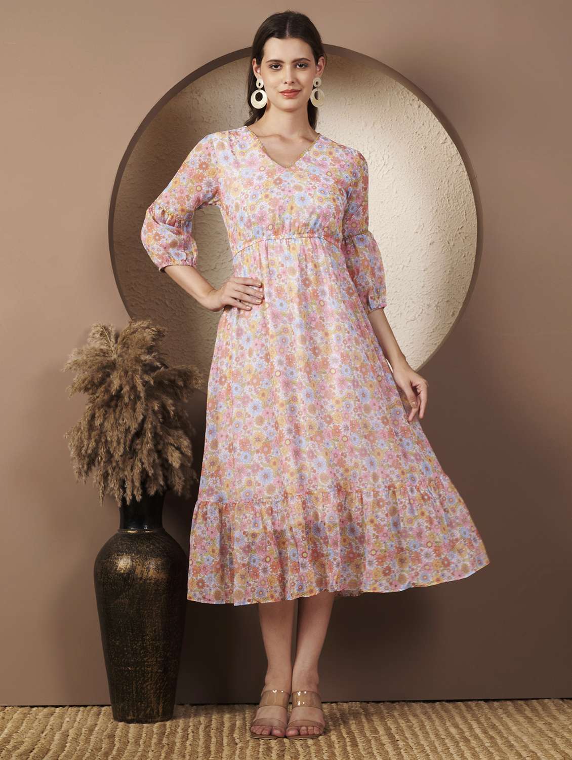 women printed three quarter sleeve tiered dress - 22077815 - Standard Image - 2