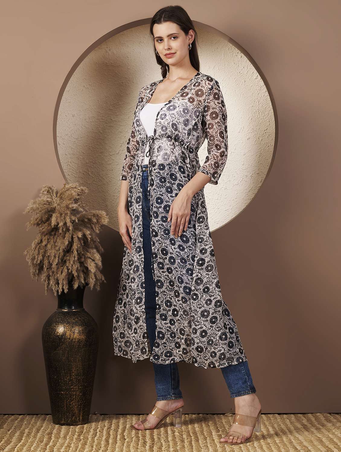 women printed three quarter sleeve regular shrug - 22077818 - Standard Image - 2
