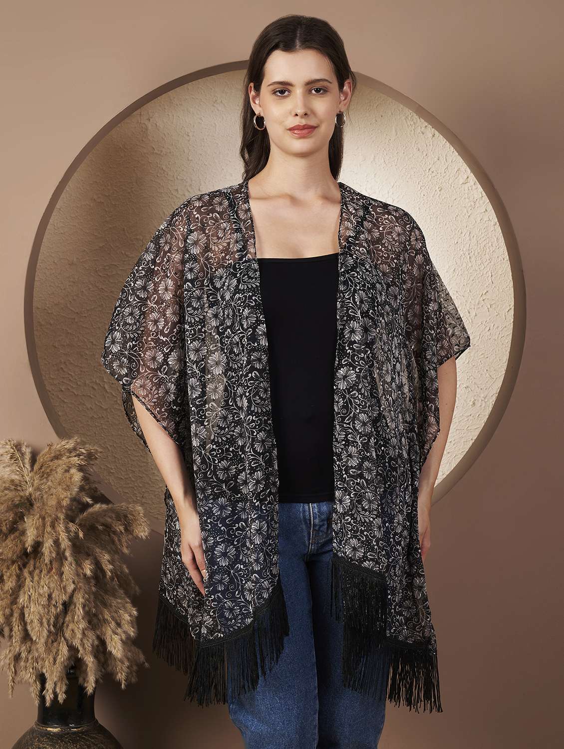 women printed three quarter sleeve regular shrug - 22077820 - Standard Image - 2