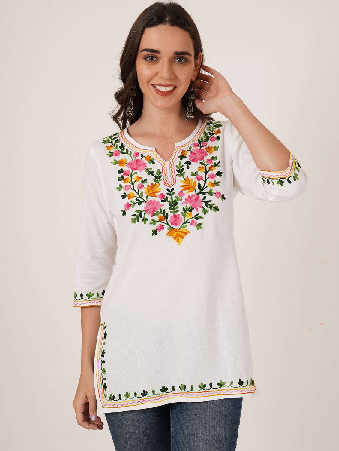 women embroidered three quarter sleeve kurti