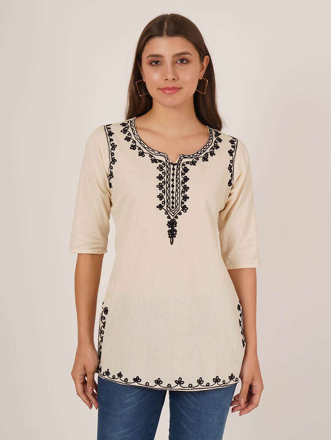 women embroidered three quarter sleeve kurti