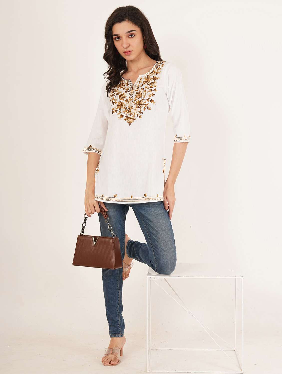 women embroidered three quarter sleeve kurti - 22077951 -  Standard Image - 2