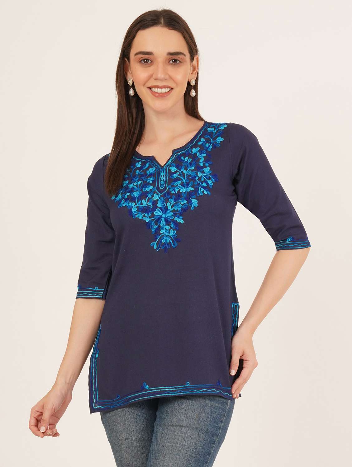 women embroidered three quarter sleeve kurti