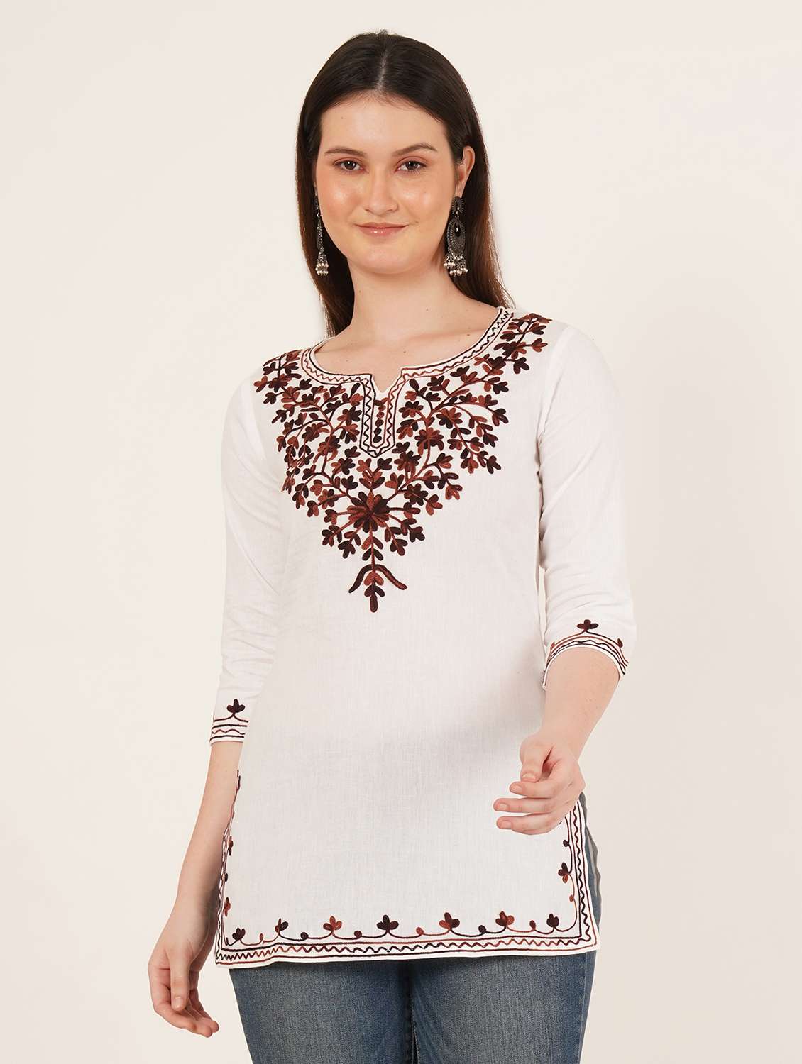 women embroidered three quarter sleeve kurti