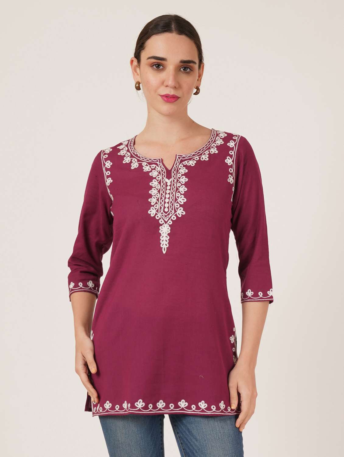 women embroidered three quarter sleeve kurti - 22077961 -  Zoom Image - 0