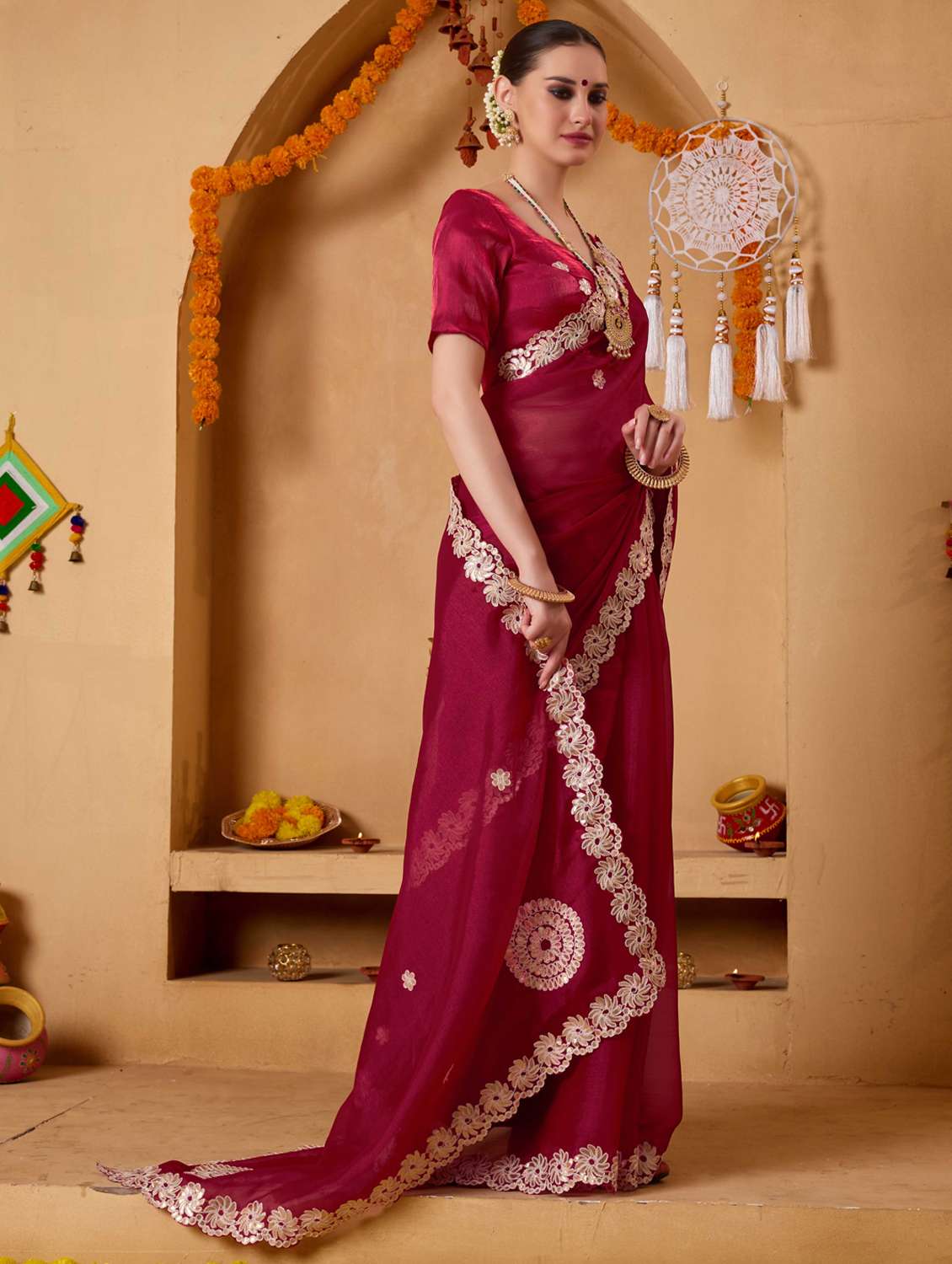 women solid with work embroidered saree with blouse - 22078200 -  Standard Image - 2