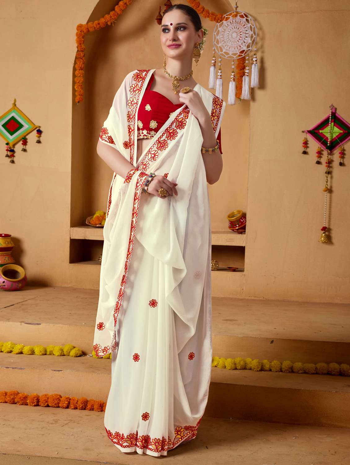 women solid with work embroidered saree with blouse