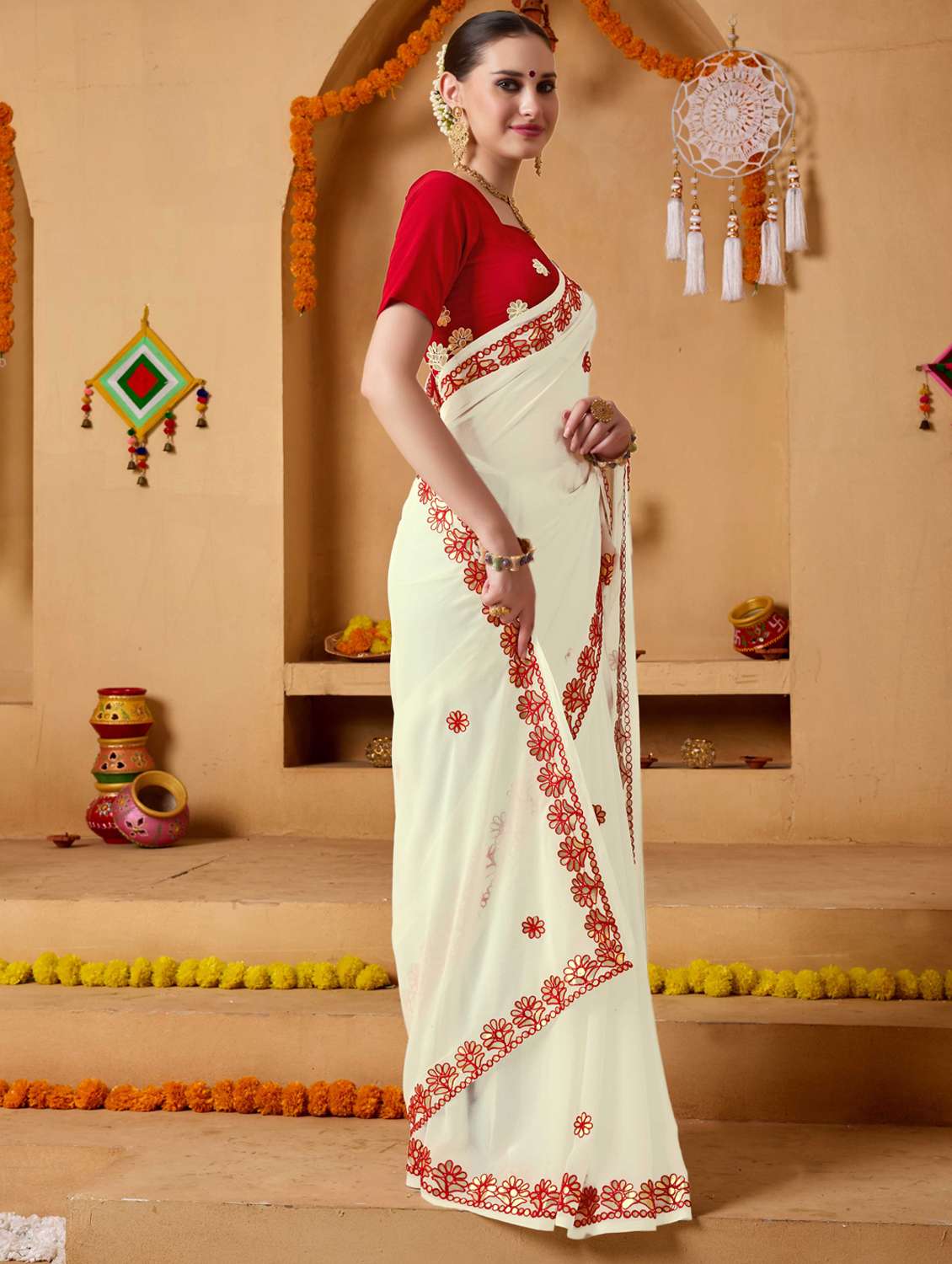 women solid with work embroidered saree with blouse - 22078207 -  Standard Image - 2