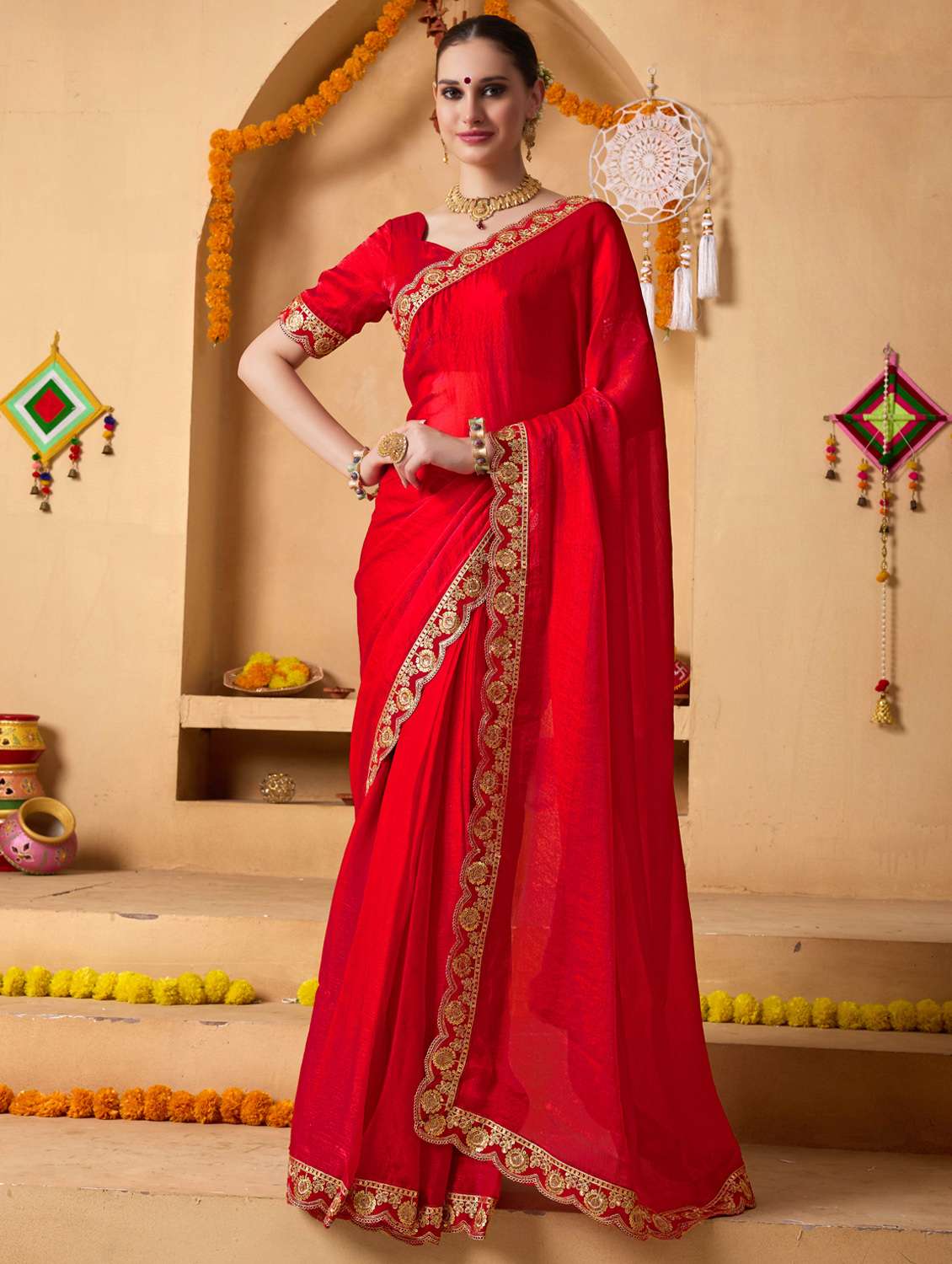 women solid with bordered ready to wear saree with blouse