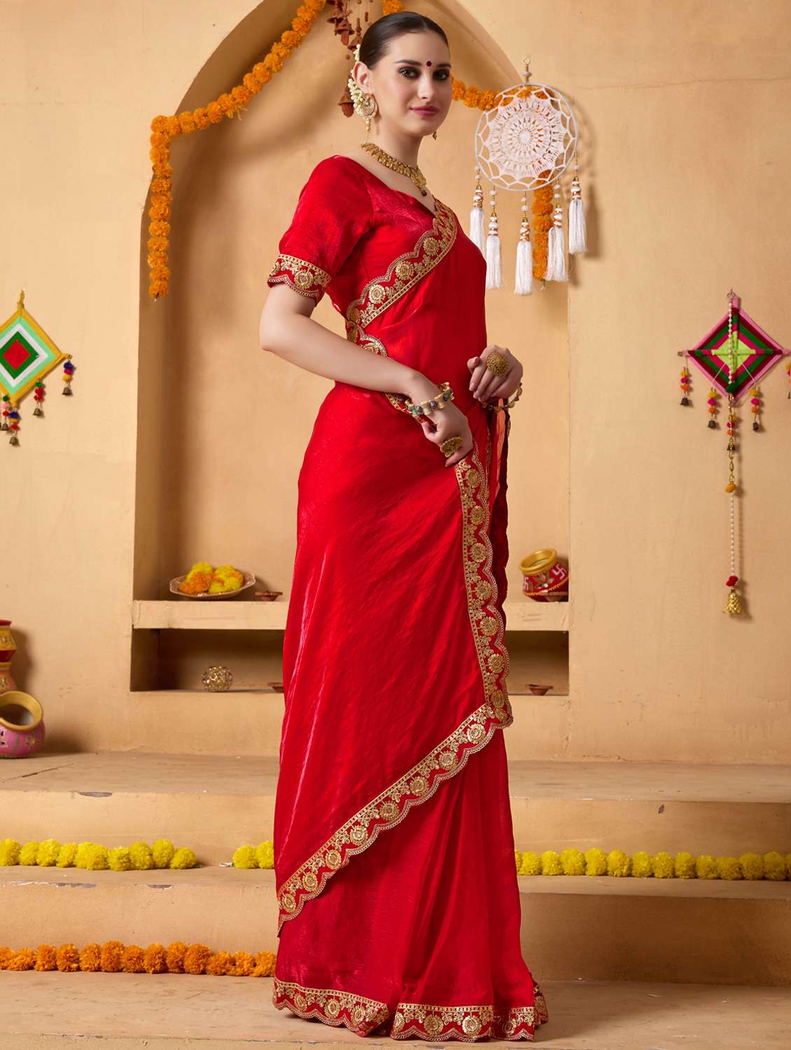 women solid with bordered ready to wear saree with blouse - 22078211 -  Standard Image - 2