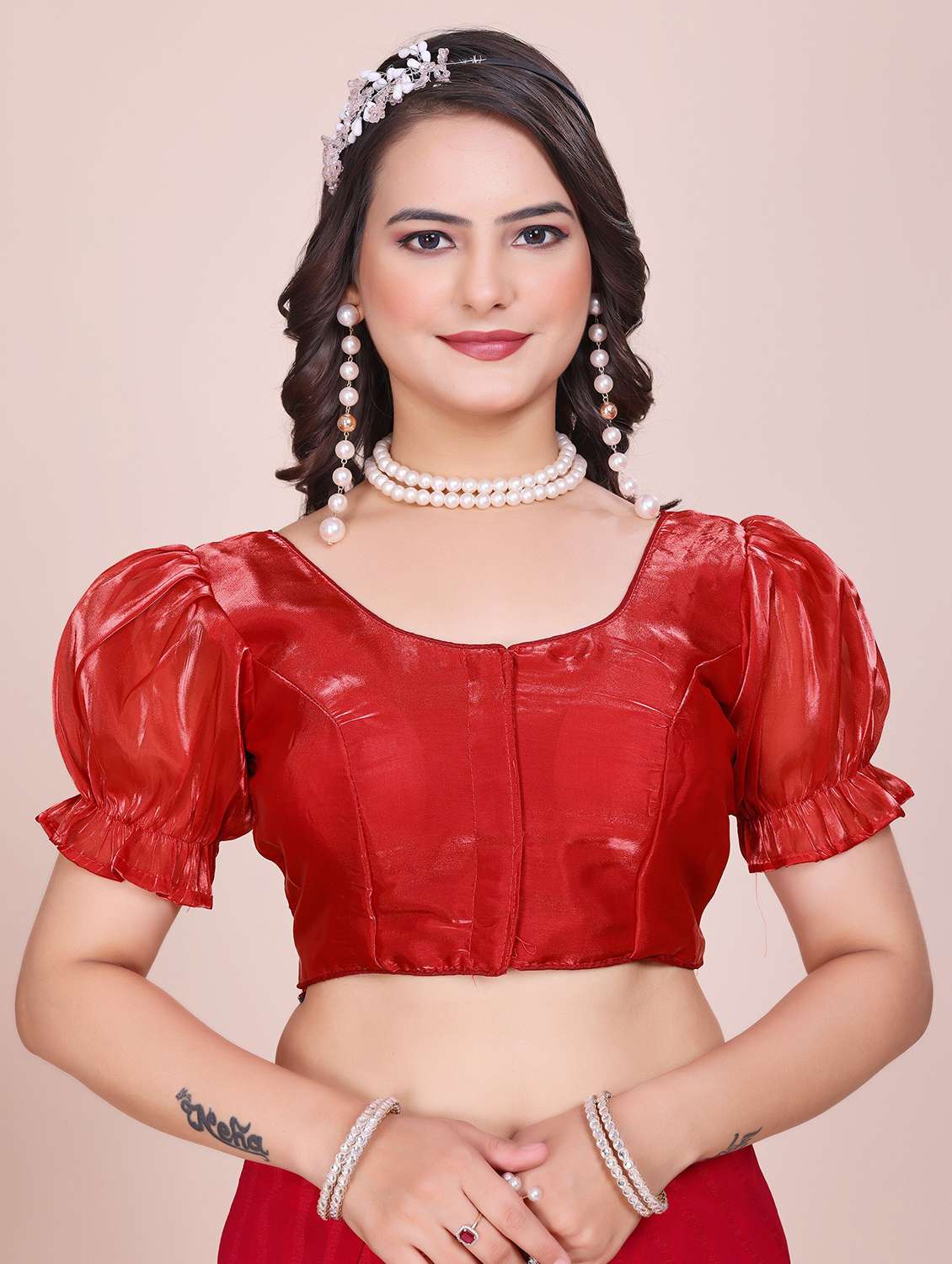 women solid puff sleeve stitched blouse