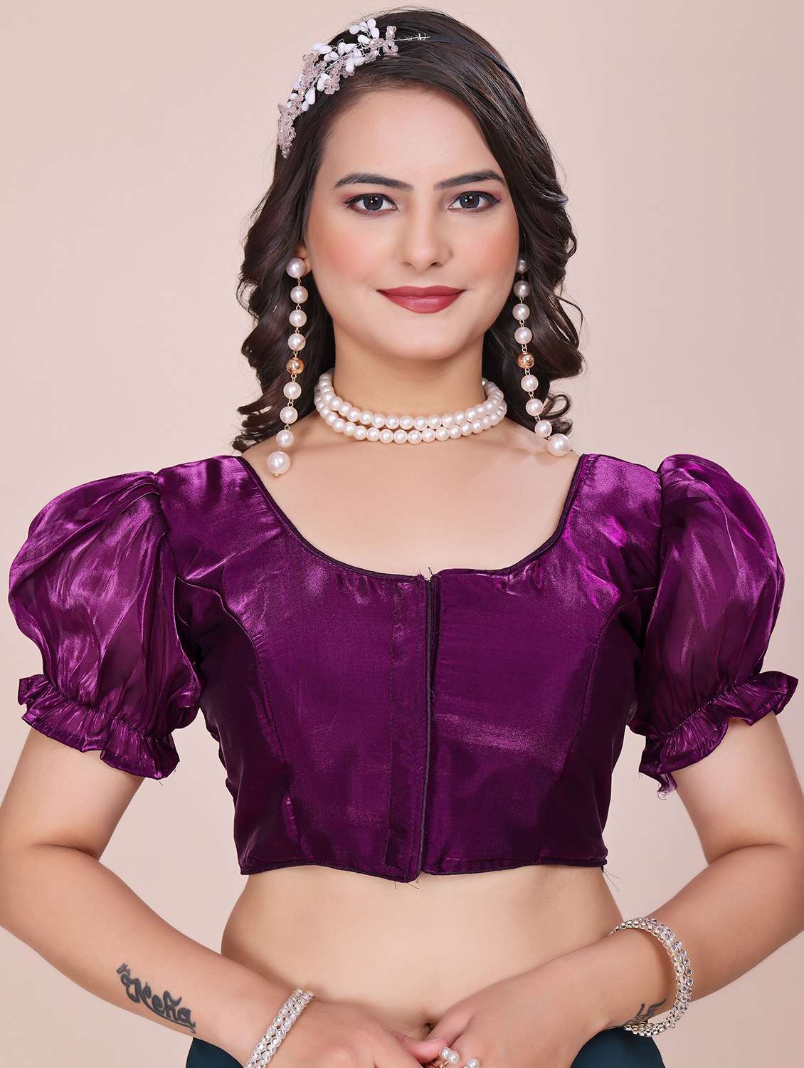 women solid puff sleeve stitched blouse