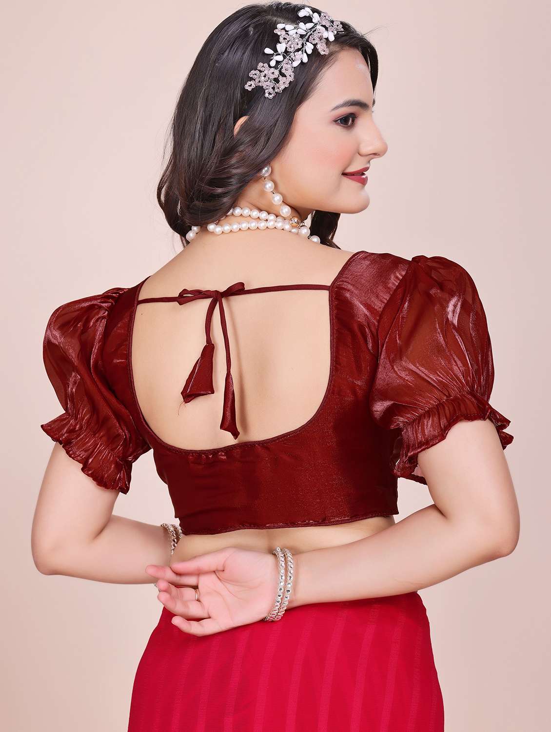 women solid puff sleeve stitched blouse - 22078231 - Standard Image - 2