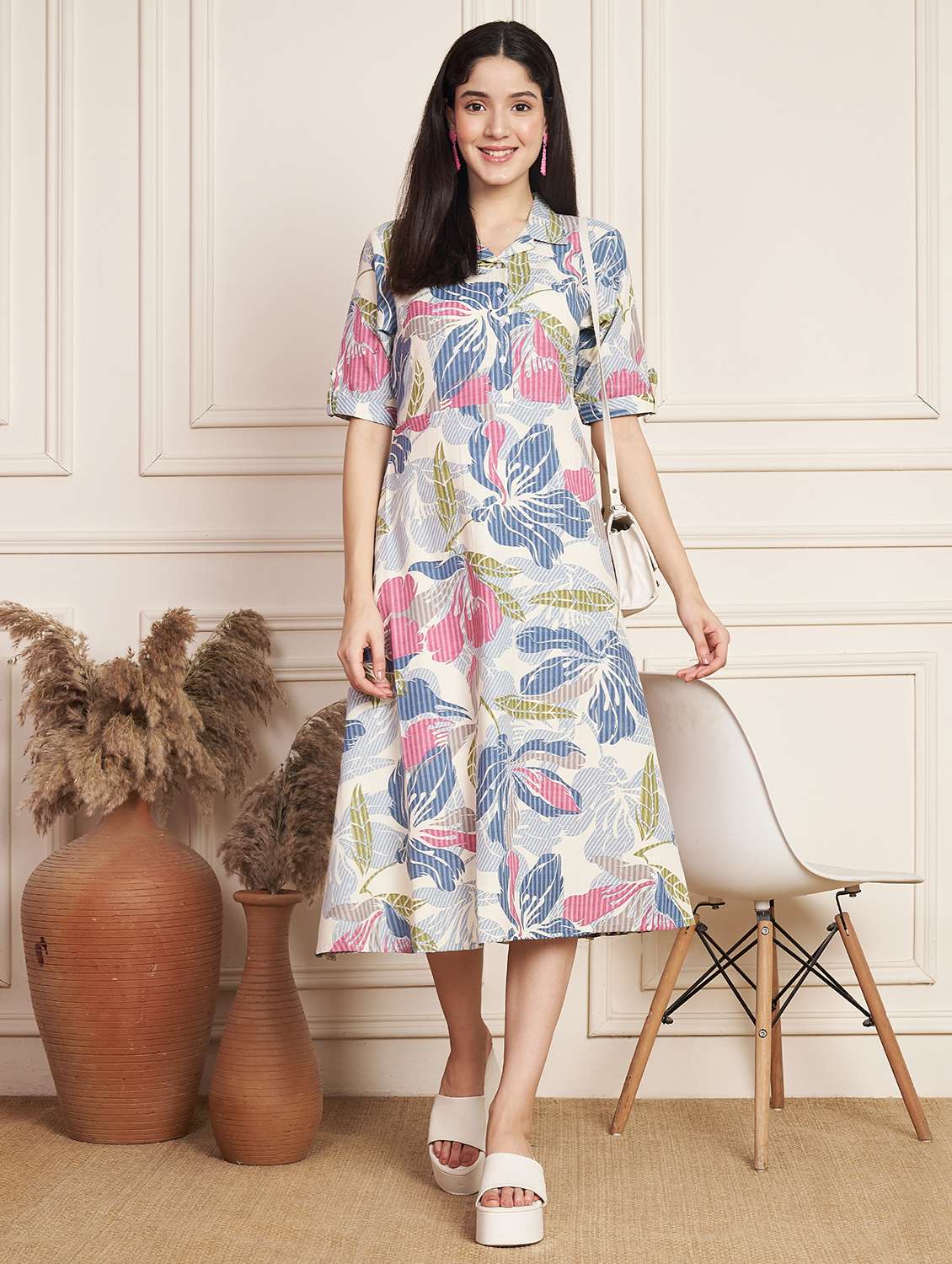 women printed collared short sleeve a-line dress