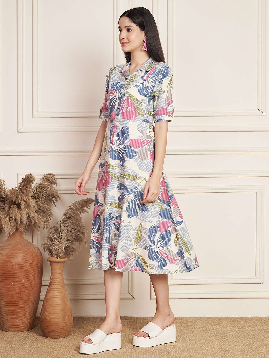 women printed collared short sleeve a-line dress - 22078235 - Standard Image - 2
