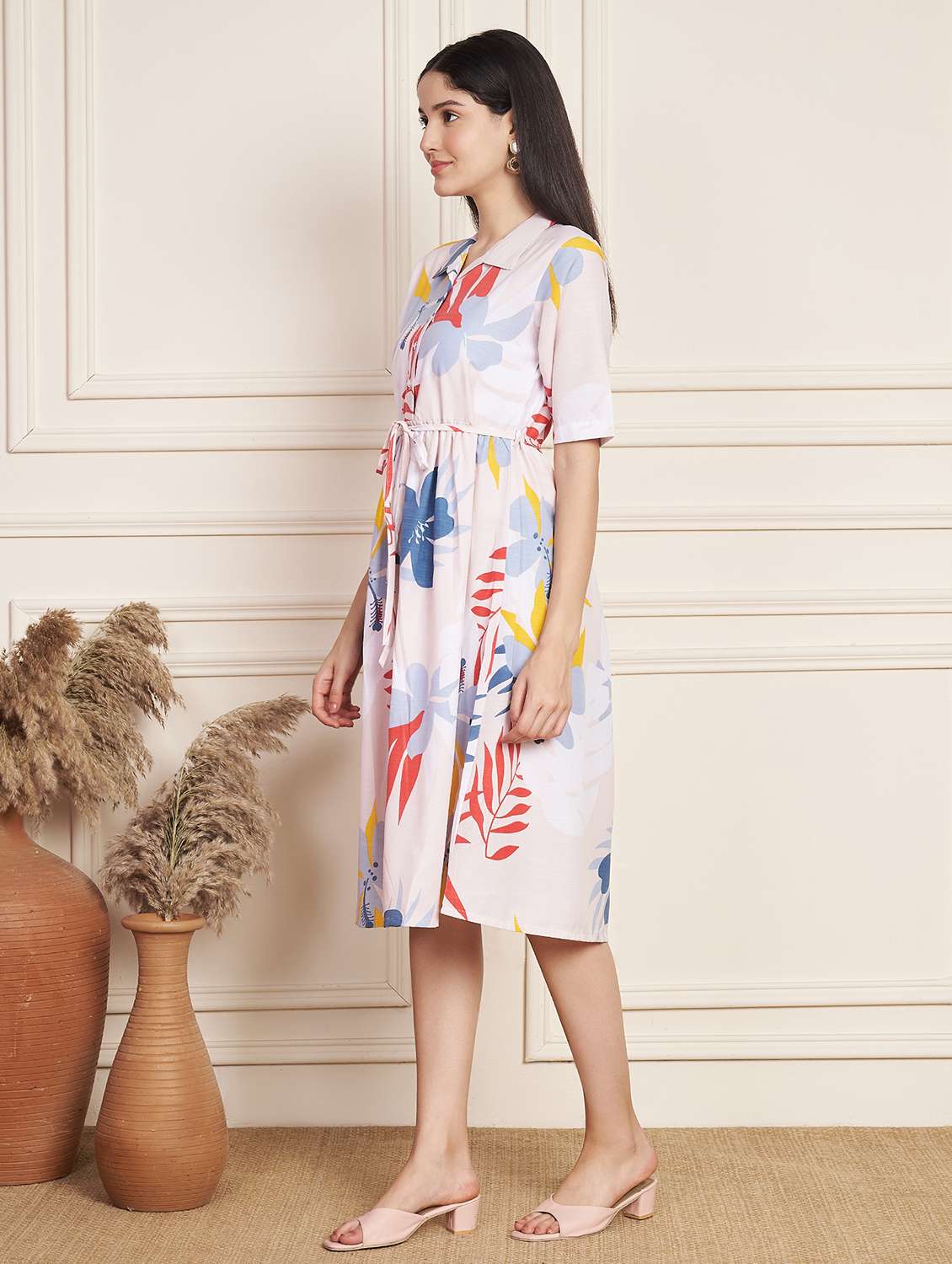 women printed collared short sleeve a-line dress - 22078236 - Standard Image - 2