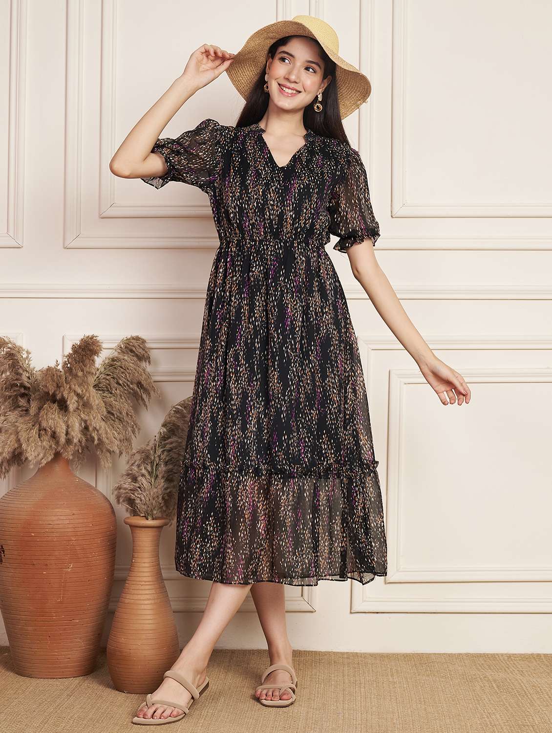 women printed puff sleeve tiered dress