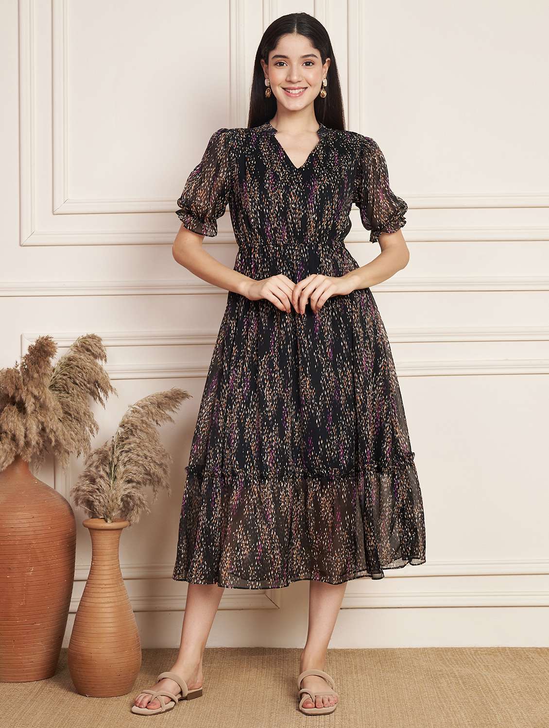 women printed puff sleeve tiered dress - 22078237 -  Standard Image - 2
