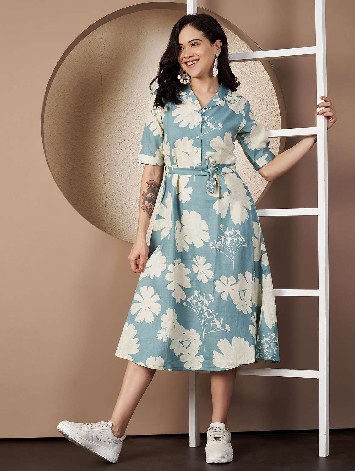 women printed short sleeve collared  a-line dress