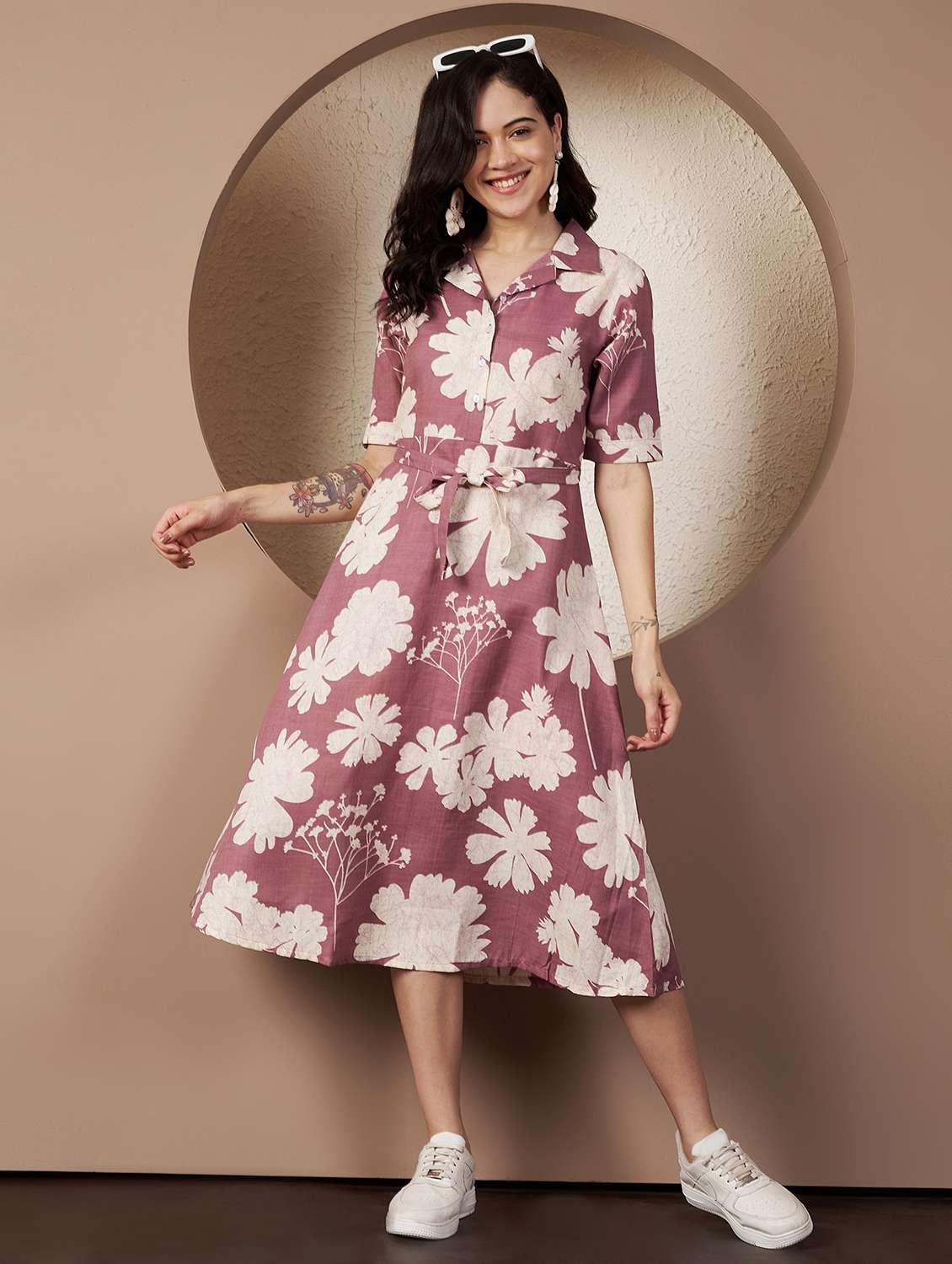 women printed short sleeve collared a-line dress