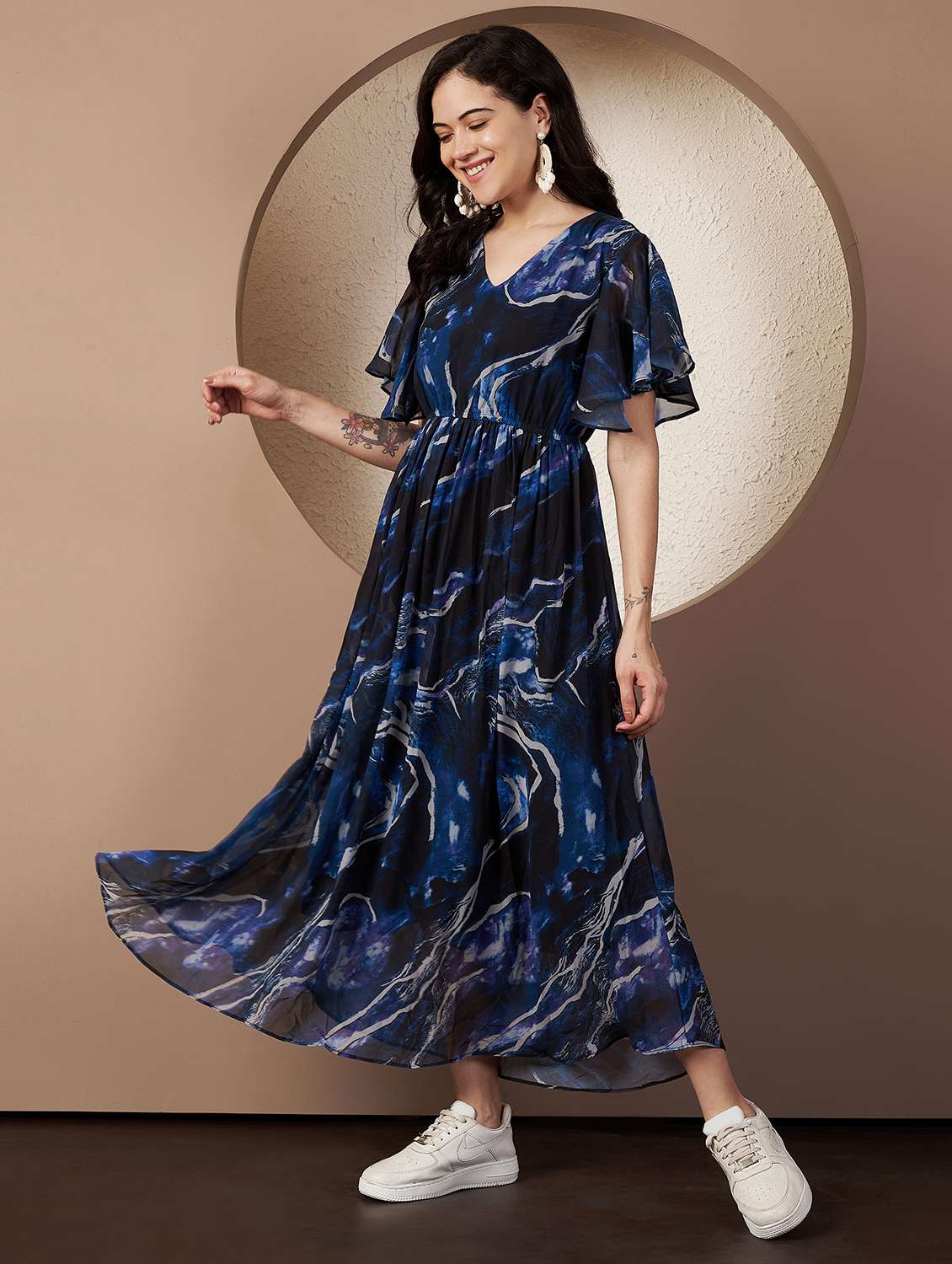 women printed flared sleeve fit & flare dress - 22078240 - Standard Image - 2