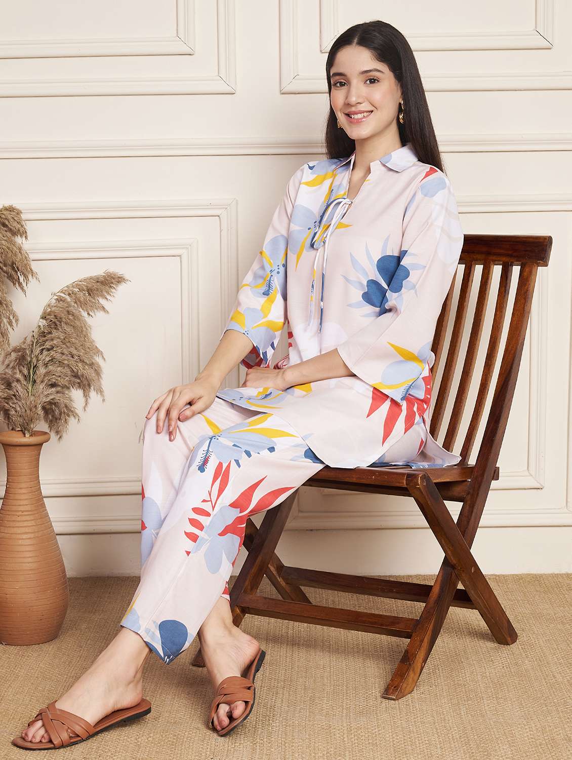 women printed three quarter sleeve co-ord set