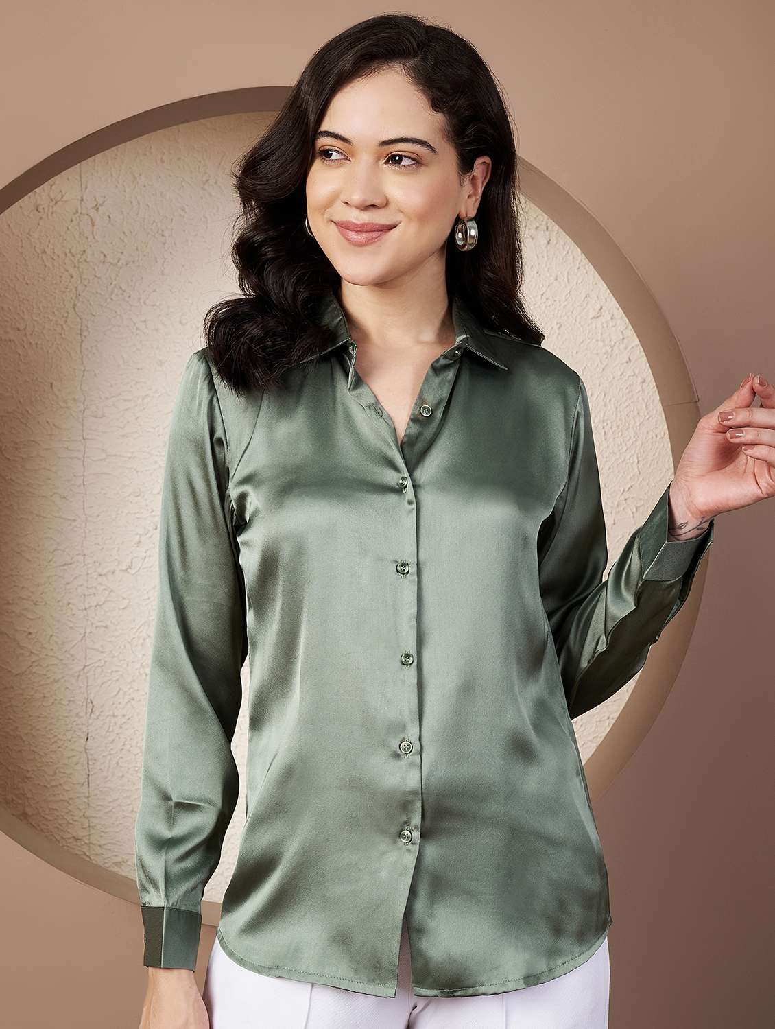 women solid collared long sleeve shirt - 22078248 -  Zoom Image - 0